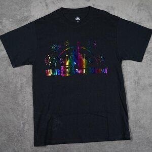 Walt Disney World Rainbow Foil Metallic Black Shirt Size Medium